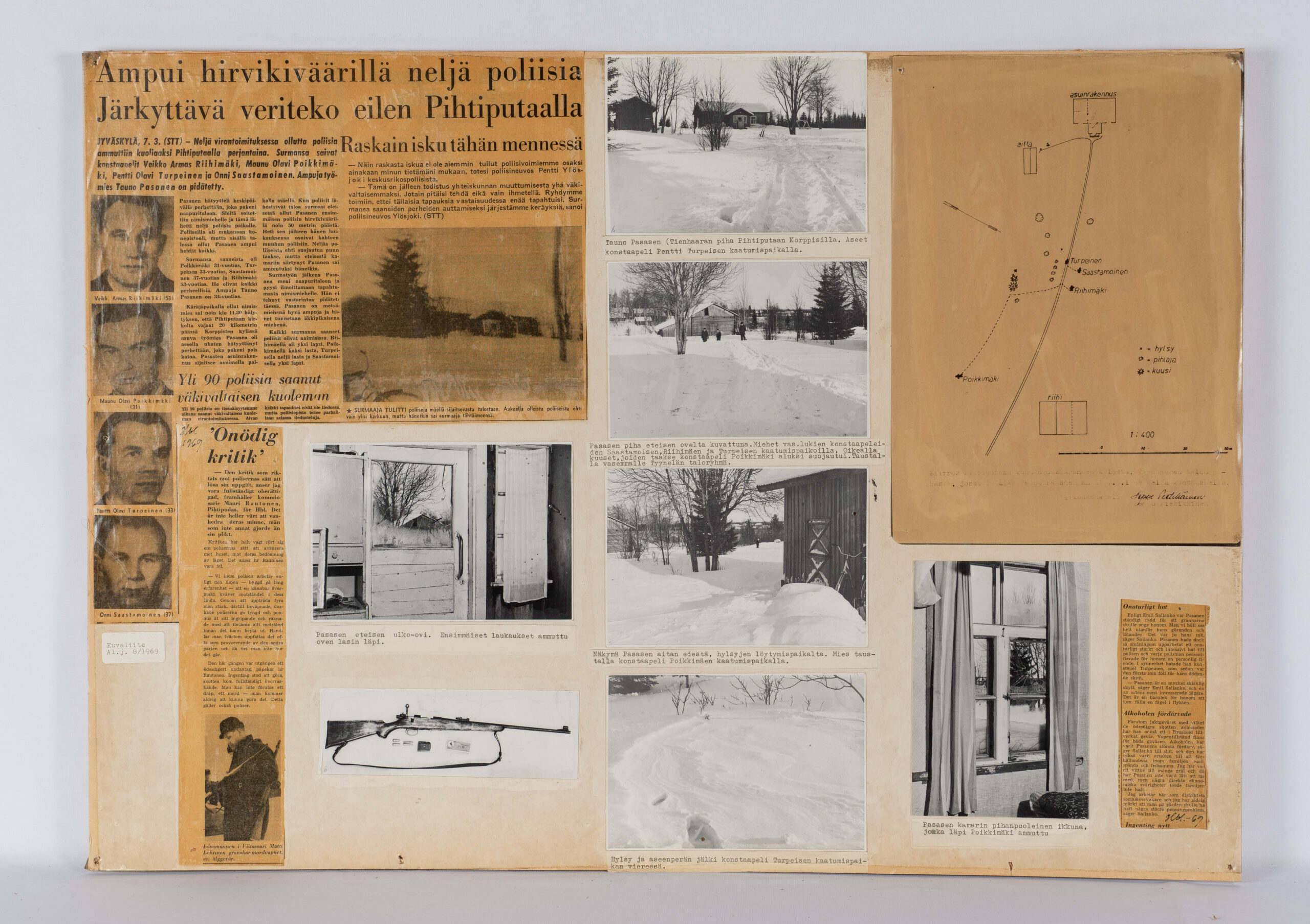 Useista lehtiartikkeleista, valokuvista ja piirroskartasta koostuva taulu. Kuvissa ja teksteissä käsitellään rikostapausta. Materiaalissa on muun muassa kolme muotokuvaa, lumisia ulkokuvia, kuva aseesta ja sisätilasta.