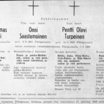 Mustavalkoinen lehtileike, jossa on neljän miehen nimet, syntymä- ja kuolinpäivät sekä muistotekstit. Jokaisen nimen yläpuolella on risti.