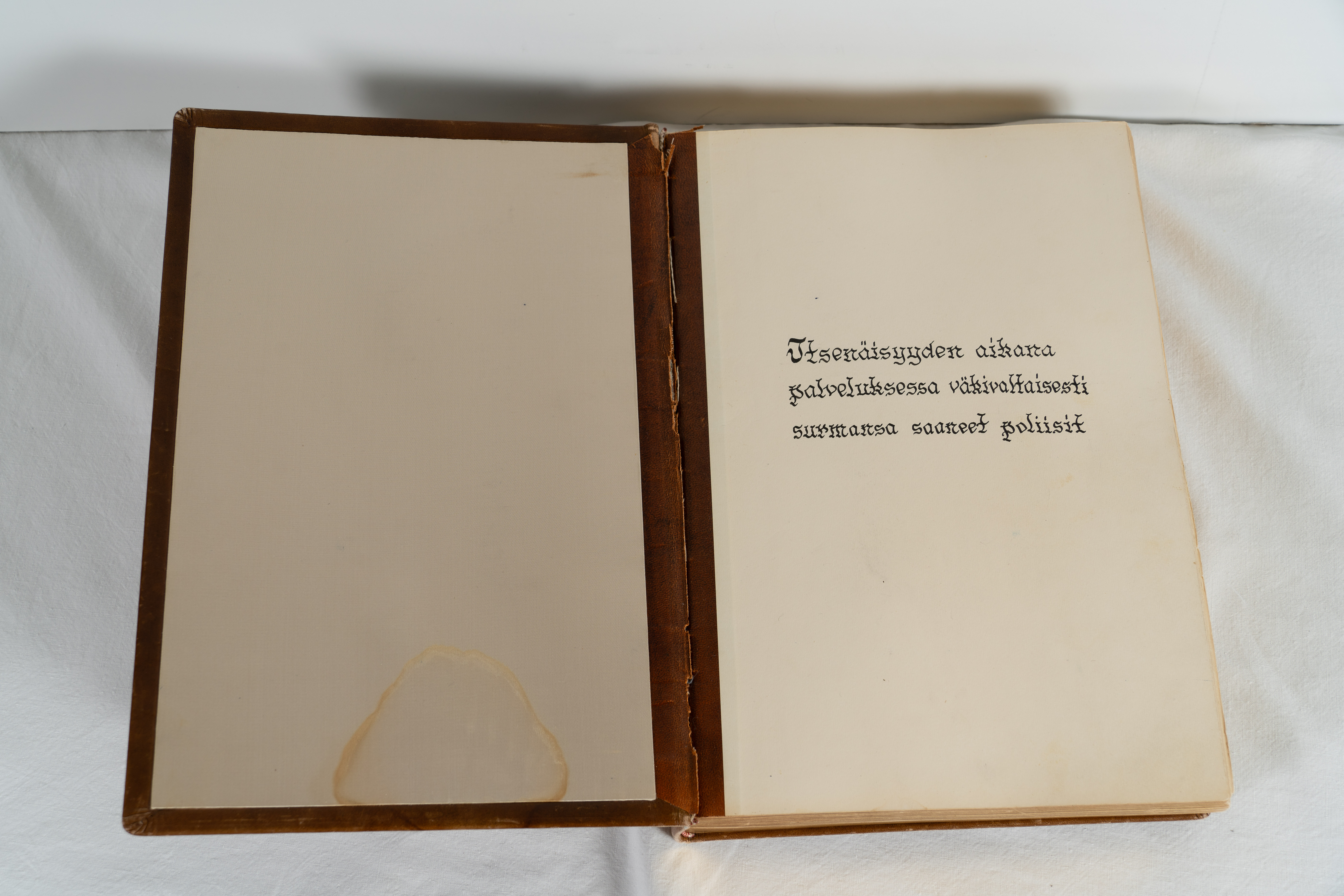 Vanha, ruskeakantinen kirja on avattuna. Kirjan oikeanpuoleisella sisäsivulla on tekstattu vanhanaikaisin kirjaimin: "Itsenäisyyden aikana palveluksessa väkivallan kautta surmansa saaneet poliisit”.